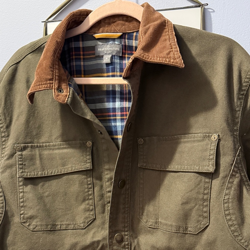 LL Bean Olive Men's Shirt Jacket with Plaid Lining